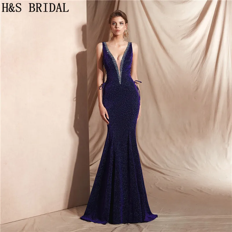 

H&S BRIDAL Deep V Neck evening dress Sleeveless Purple Dress Sexy Mermaid Evening Gown Lace Up robe de soiree 2020 Prom Dresses