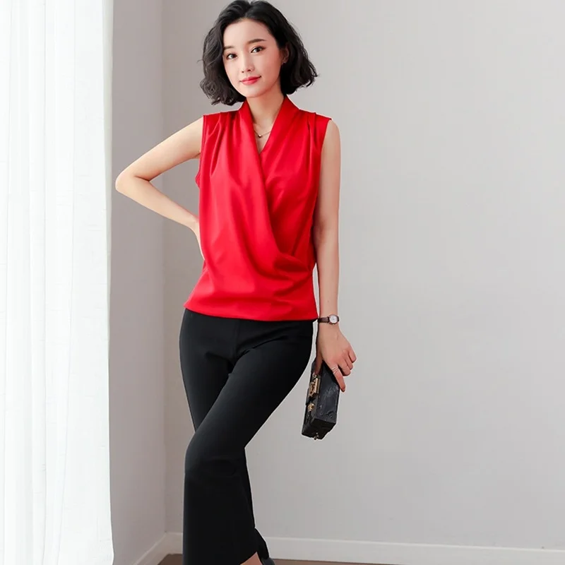 Solid Color Women Tops Summer 2019 Chemise Sleeveless Shirts Female Korean Office Wear Business Basic Feminine Blouse DD2092