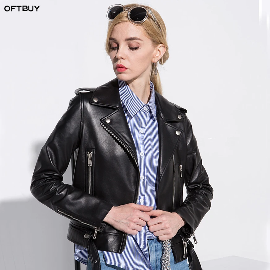 Женская мотоциклетная куртка OFTBUY черная из натуральной овчины в стиле панк на