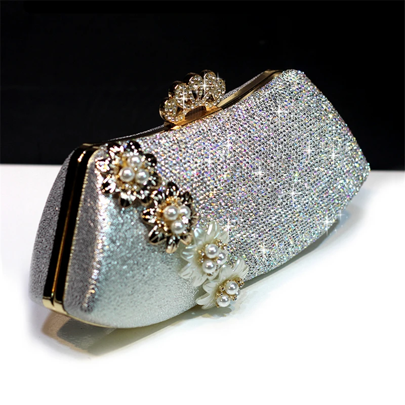 Luxury Handbag Crystal Clutch Women Bridal Wedding Shoulder Bag Floral Genuine Leather Rhinestone Purse Chain Evening Party Bags
