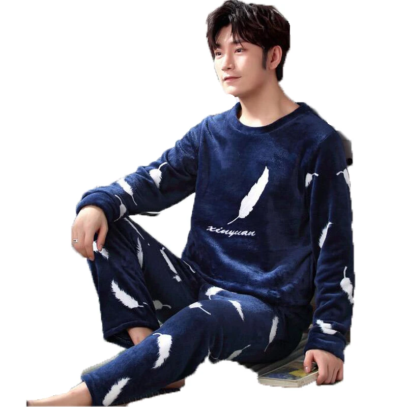 Fashion Brand Luxury Winter Pajamas Men Sleepwear Thick Warm Coral Fleece Mens Pajama Set Male Nightwear Leisure Home Clothing