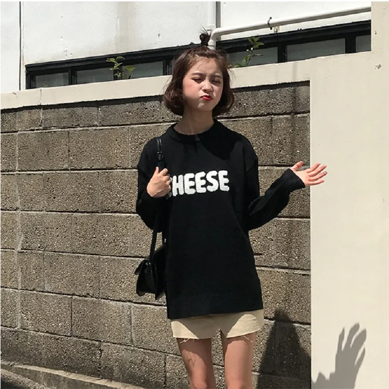 Korean version of the school style cheese letters embroidery loose wild long-sleeved round neck sweater women | Женская одежда