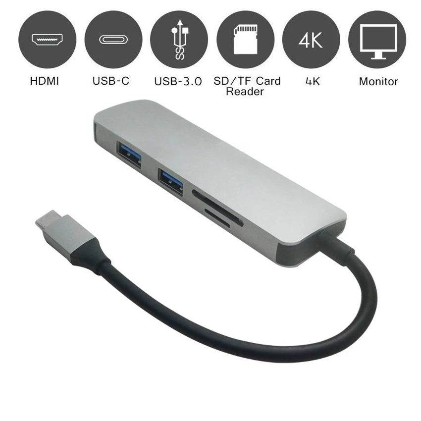 

Концентратор USB Type-C 5 в 1, USB-C-4K HDMI, USB 3,0, кардридер SD, TF