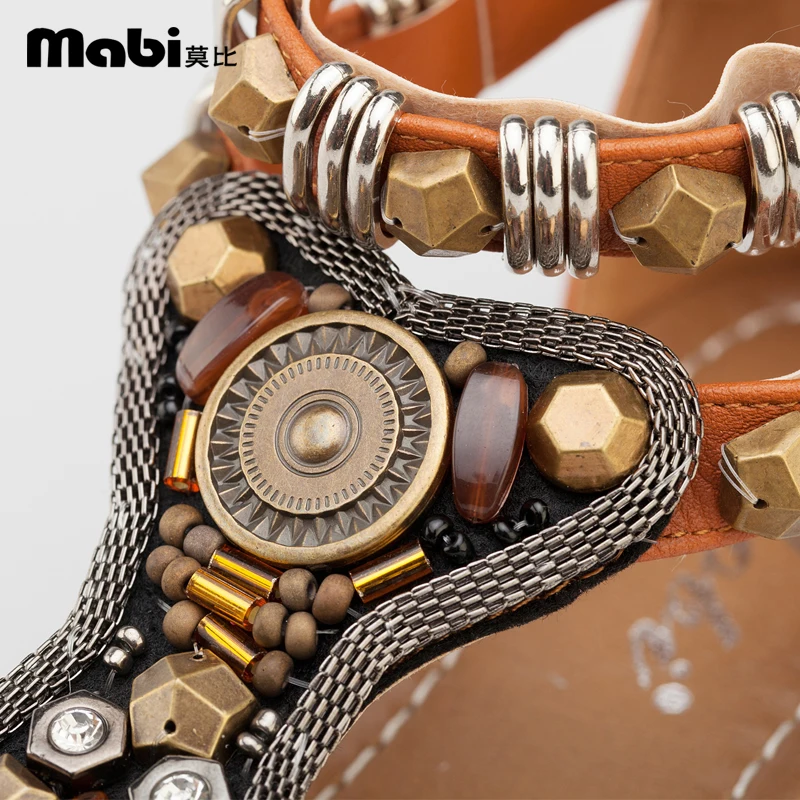 Босоножки женские с ремешком на щиколотке богемные сандалии металлическими