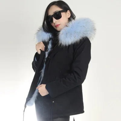black skyblue foxfur Зимняя женская куртка, армейская зеленая парка, пальто, настоящий большой воротник из меха енота, подкладка из лисьего меха, верхняя одежда с капюшоном, DHL EMS - Цвет: black skyblue foxfur
