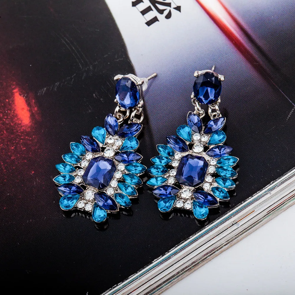Женские серьги капли с большими синими кристаллами длинные полыми цветами