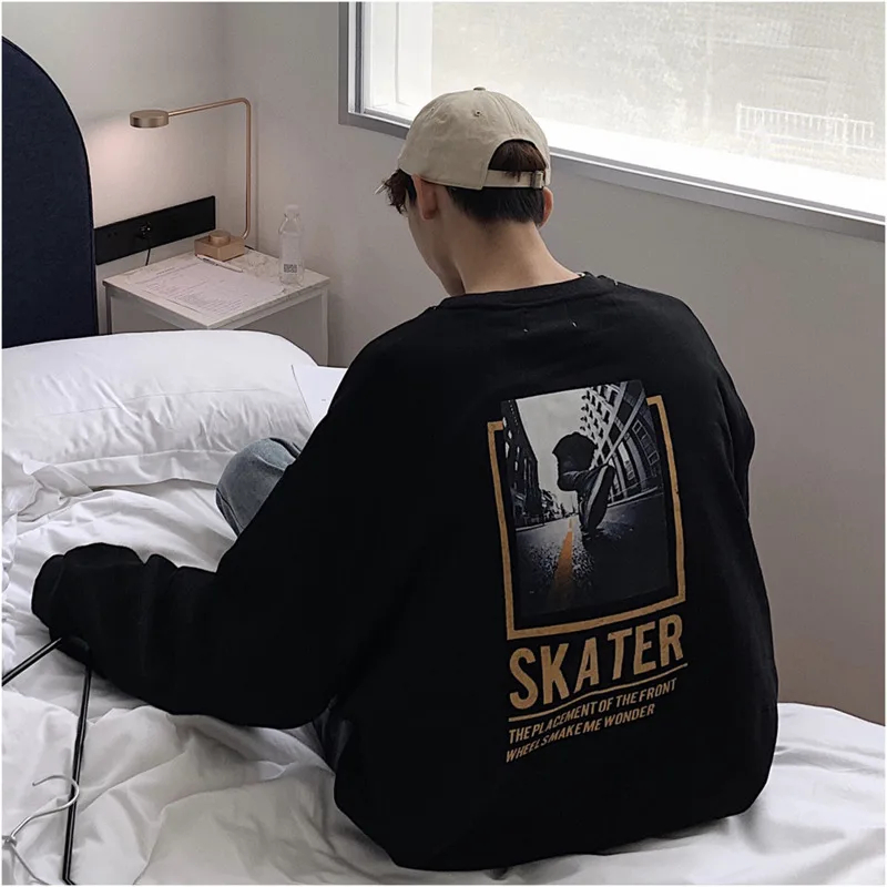 Черный Spring And Autumn New Personality Trend Print Hoodie Loose Casual Round Neck Pullover Black / White / Yellow M-XL - Цвет: Черный