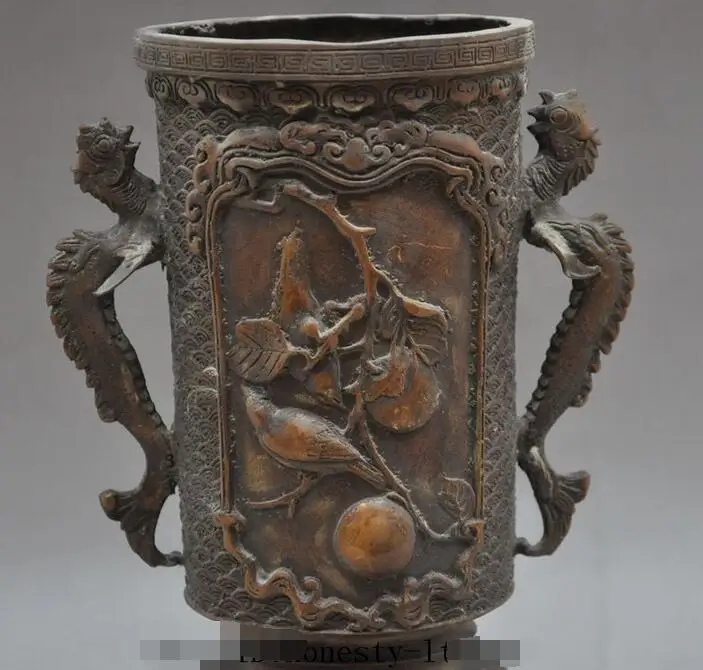 Китайские бронзовые люди сосна феникс птица слон голова ваза щетка горшок