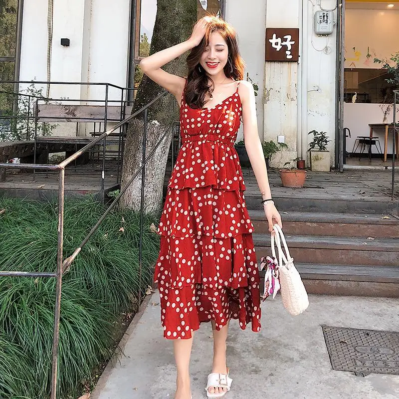 Шифоновое платье макси в горошек с V образным вырезом и оборками|Женские платья| |