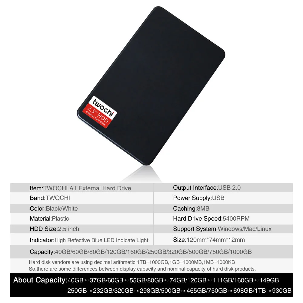 Новые стили TWOCHI A1 2,5 ''внешний жесткий диск 60GB USB2.0 Портативный HDD накопитель диск Plug and Play для ПК/Mac в продаже