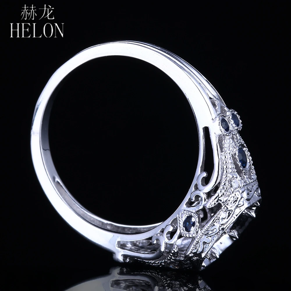 

HELON Solid 14K White Gold 7-7.5mm Round Cut Semi Mount Antique Art Deco Trendy Jewelry 0.3ct Natural Diamonds & Sapphires Ring