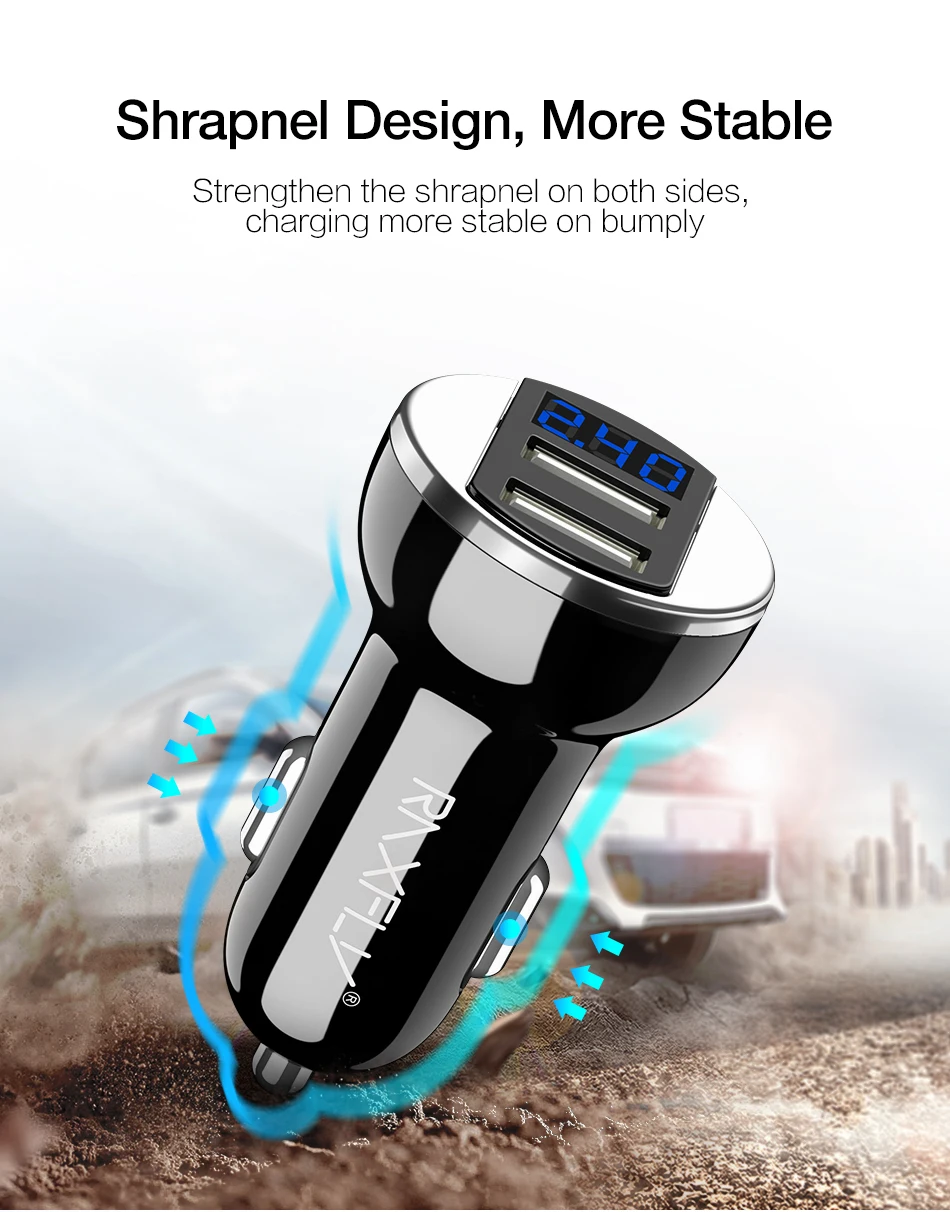 USB raxfly автомобильное зарядное устройство для Xiaomi автомобильное зарядное устройство USB зарядное устройство для автомобиля Быстрая зарядка для iPhone samsung huawei светодиодный дисплей 5 В/2,4 А
