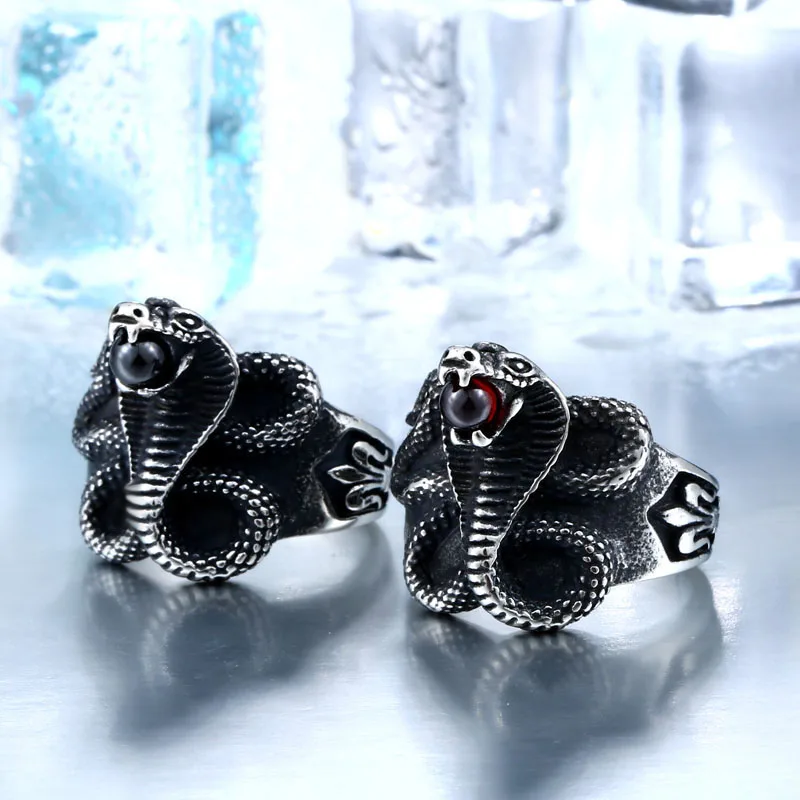 BEIER Cobra Red Stone Snake Ring Factory Price Stainless Titanium Steel Punk Heavy Metal Animal Jewelry BR8-216
