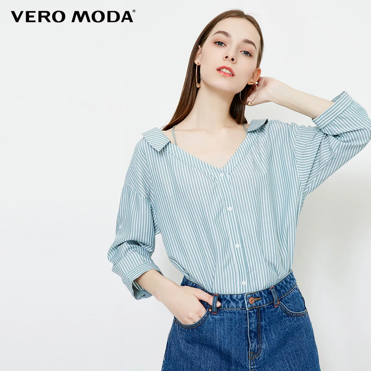 Vero Moda женская рубашка со шнуровкой и воротником в полоску с рукавами 3/4 | 318331525