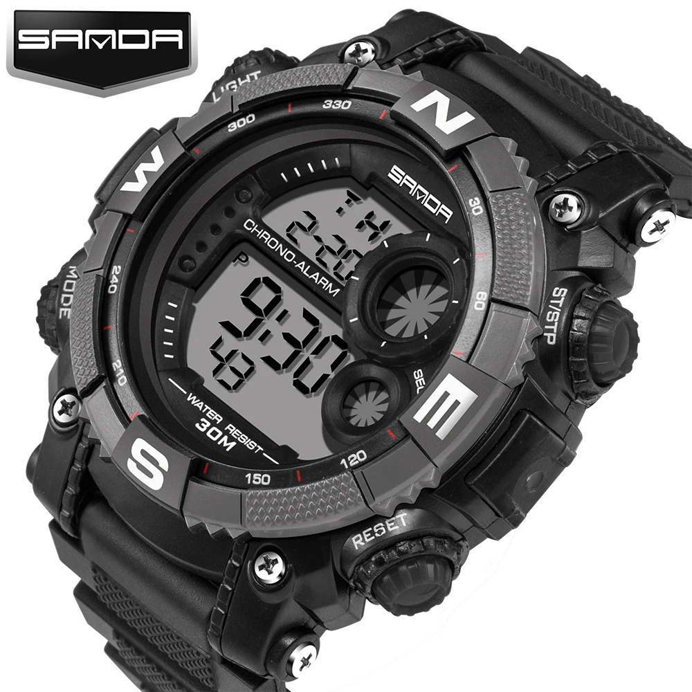 Gray SANDA мужские спортивные часы классические цифровые часы многофункциональные водонепроницаемые модные Универсальные мужские часы секундомер будильник светящийся - Цвет: Gray