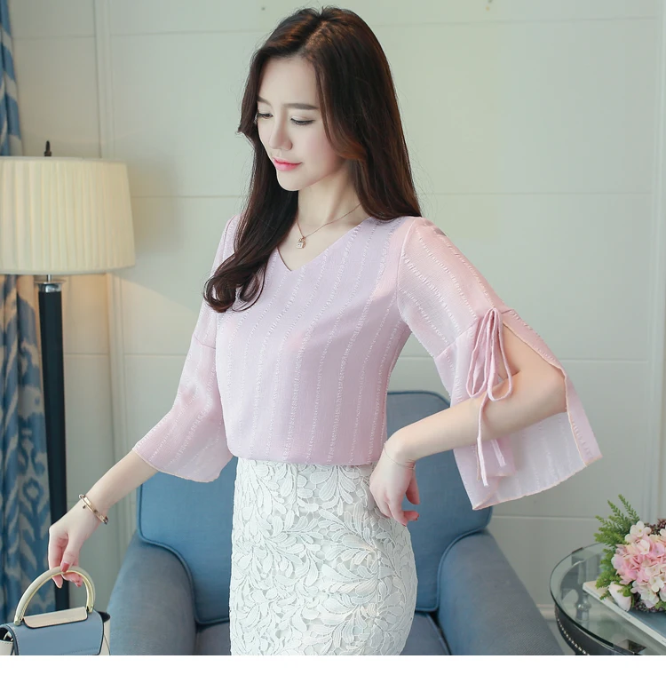 Female Chiffon Clothing 2018 Summer Fashion Blouses Short Sleeve Mujer Shirts Casual Bow Striped Printed Women Blusas Tops F0135 |