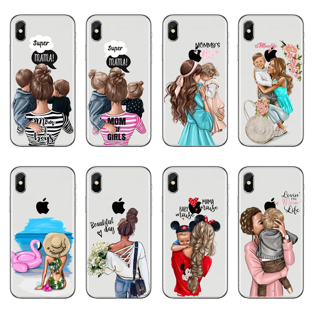 Модный чехол для телефона черного и коричневого цвета волос малыша мамы Girl Apple