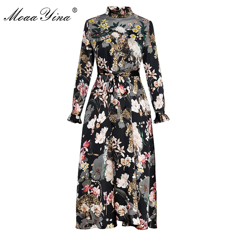 MoaaYina животного Floral Print Стенд воротник с длинным рукавом сетки вышивка алмаз узкие