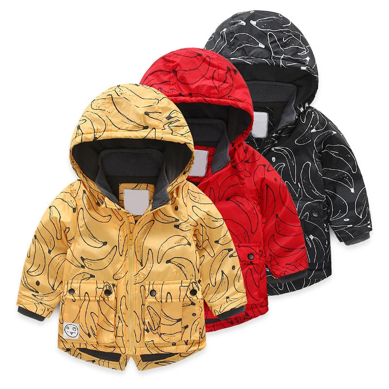 

Baby Boys Girls Hooded Jacket Cartoon Banana Printed Coat Winter Kids Windbreaker Plus Thicken Fleece Velvet Outerwear Clothes