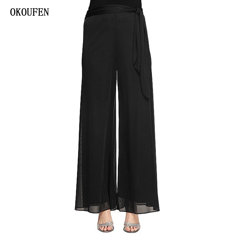 Размера плюс шифон черные брюки для матери невесты свадьбы 2021 с завязкой на талии