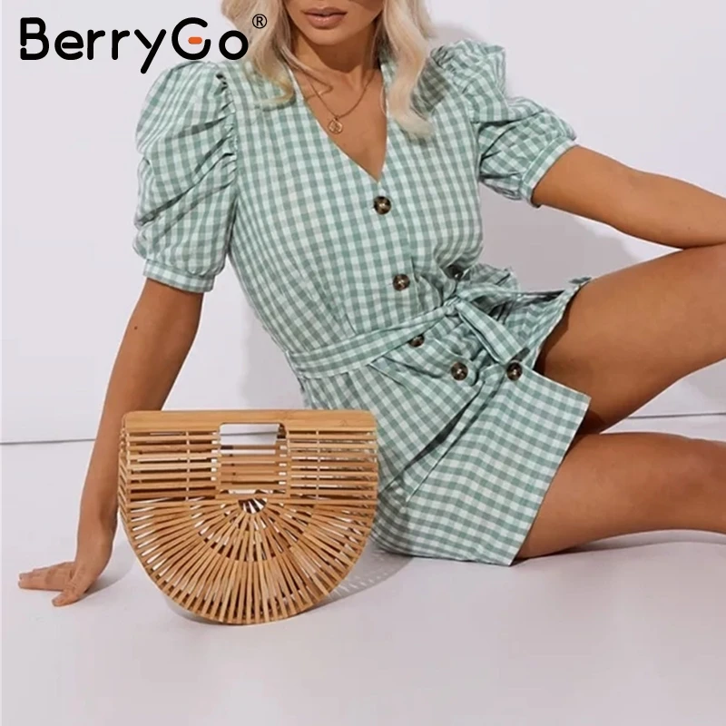 BerryGo винтажное клетчатое мини платье женское короткий рукав пояс v образный вырез