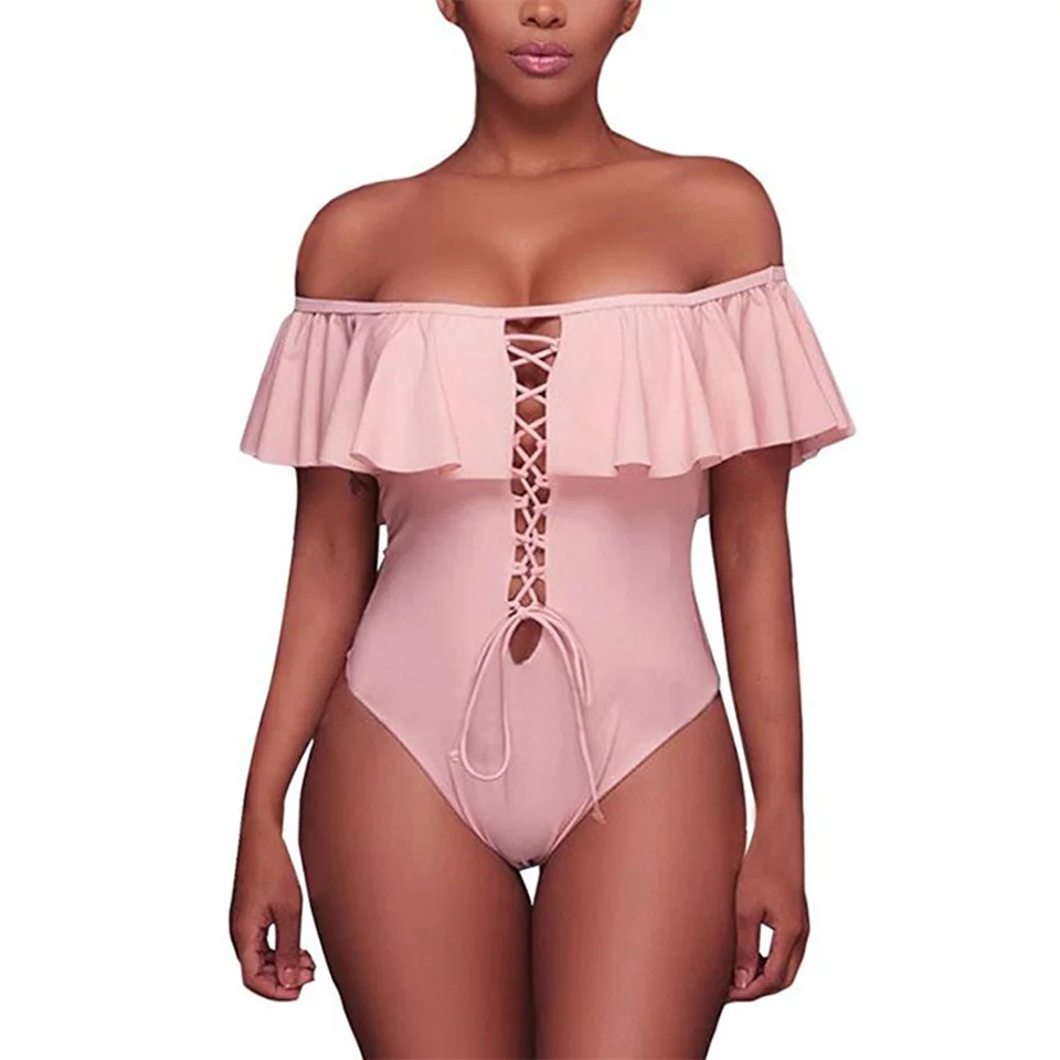 TQSKK Swimwear Women Falbala One Piece Swimsuits Female Swimsuit 2019 New Summer Solid Beach Wear Bandage Bathing Suit Monokini | Спорт и