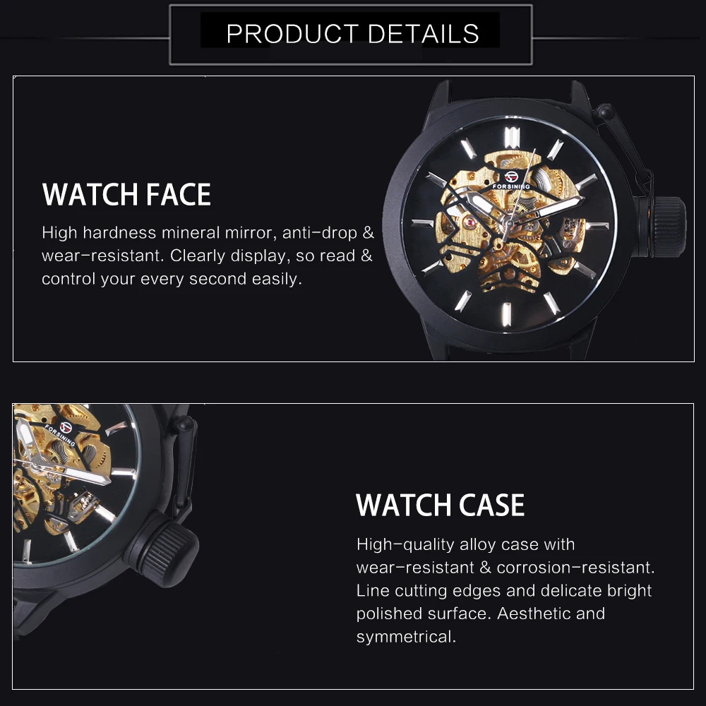 FORSINING военные спортивные часы Мужские автоматические механические резиновые
