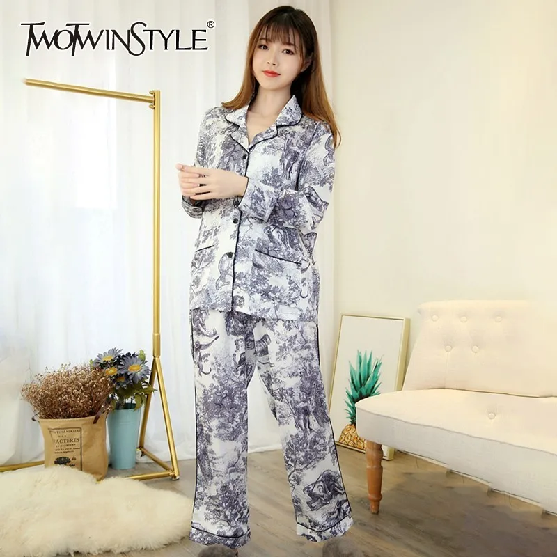 TWOTWINSTYLE, женский костюм с принтом, с отворотом, длинный рукав, свободная рубашка, высокая талия, большой размер, брюки, комплект из двух частей, женский,, модный, весенний