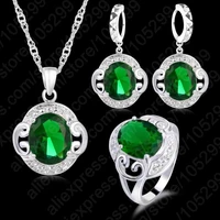 925 sterling silver best quality green cubic zircon crystal fashion jewelry sets pendant necklace earrings ring