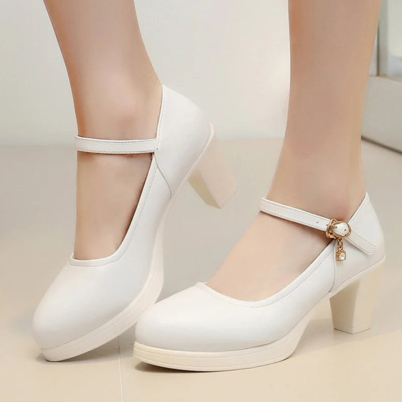 white heel height5cm Cuculus натуральная кожа 10 см 8 см 5 см высокие каблуки плюс Размеры Черные каблуки женские свадебные Лодочки на платформе леди; Tacons коренастый обувь 1803 - Цвет: white heel height5cm