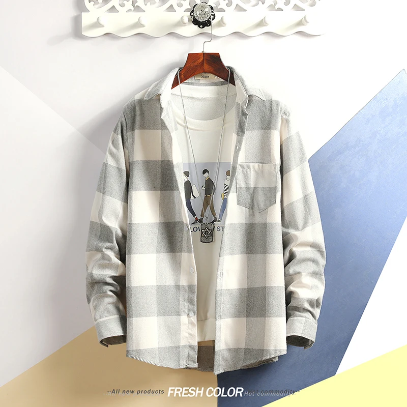 

New Tide men's plaid Korean version of the loose youth shirt male students cotton Long thin section Smart Casual