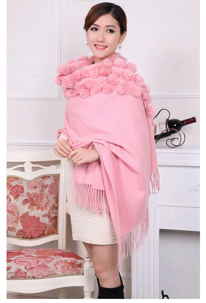 pink Женский шарф шаль пашмины толстый зимний натуральный мех кролика помпон накидка с шаром женское тёплое кашне Рождественский подарок - Цвет: pink