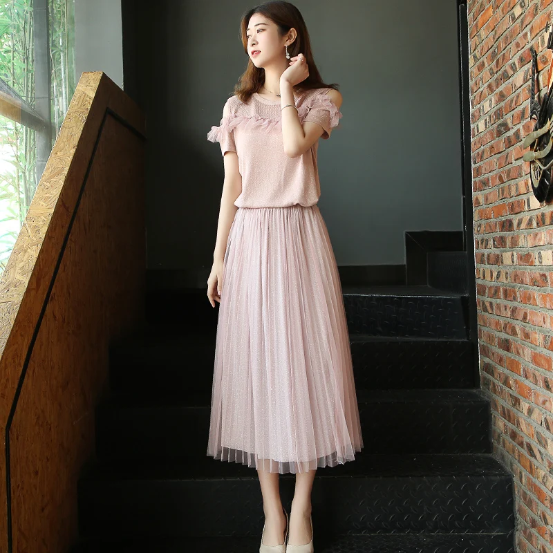 Новый 2019 элегантный розовый женский комплект 2 шт. милые люрекс сверло вверх