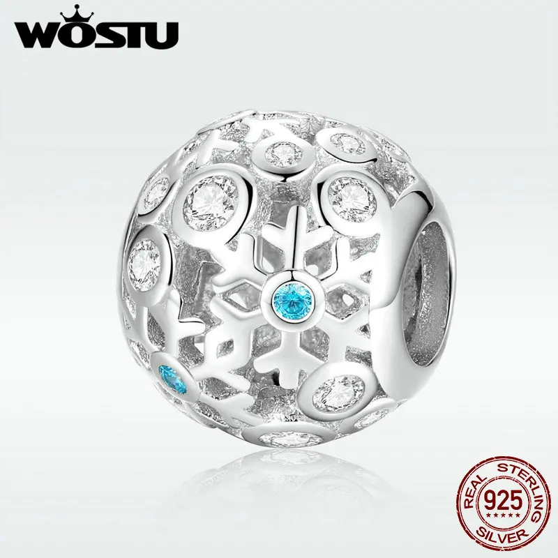 WOSTU, высокое качество, 925 пробы, серебряный, синий цвет, зимний бисер в виде снежинок, подходит для браслета, подвеска, модное ювелирное изделие, подарок, FIC988