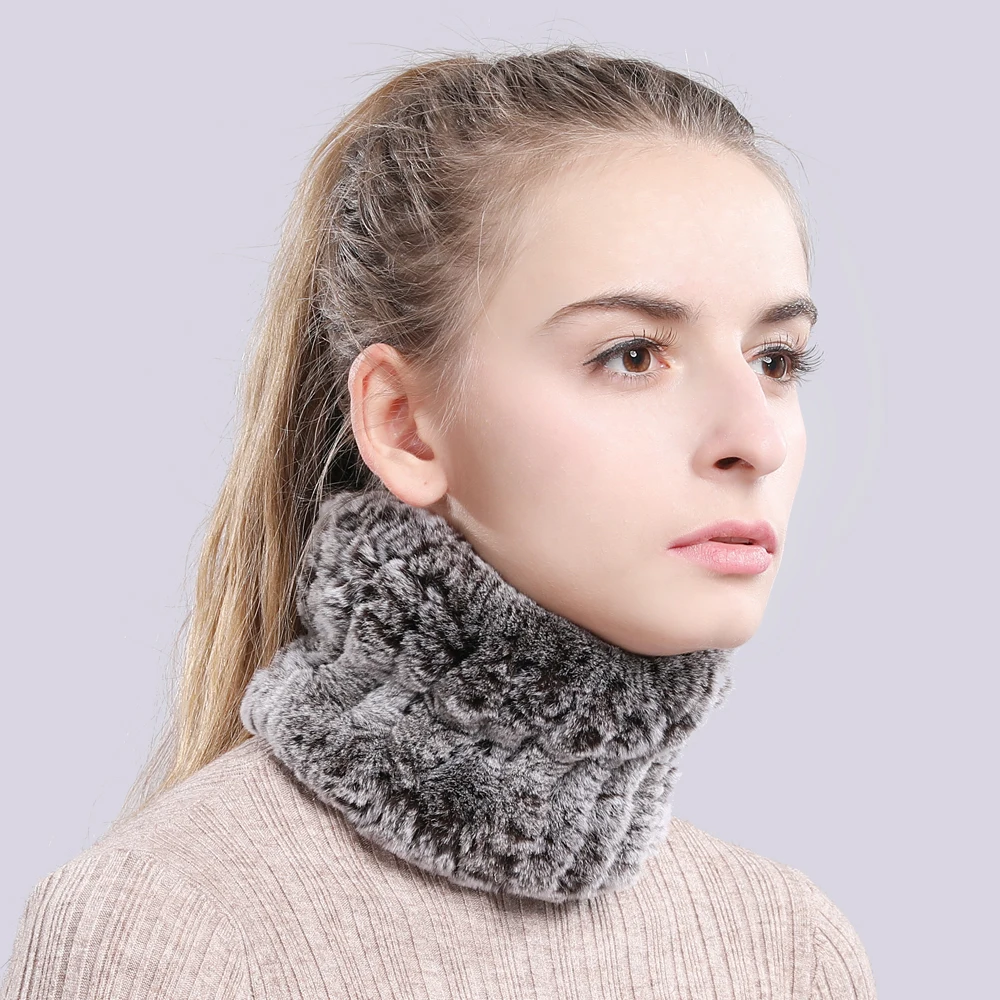 Women Real Fur Handmade Stretch Fur Scarf Knit Genuine Rex Rabbit Fur Headbands Girls Natural Fur Ring Cowl Snood Scarves Winter