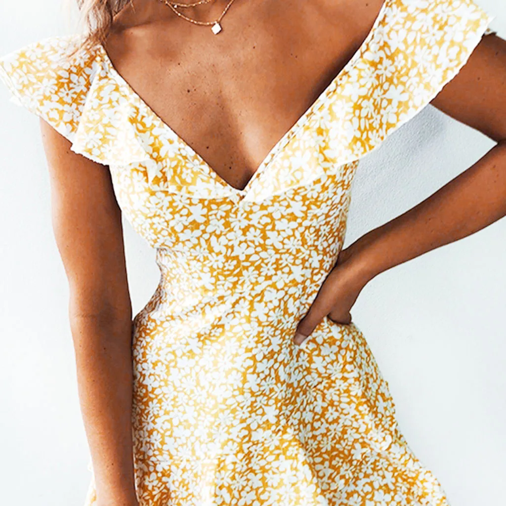 Модное женское сексуальное летнее платье без рукавов с принтом и v образным