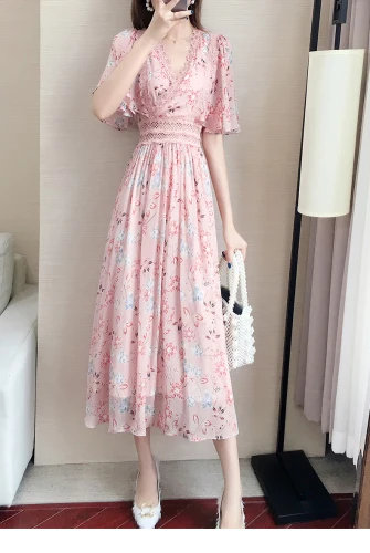 

Chiffon Pink Batwing Sleeve Women Dress Print Bohemian Long Dresses Woman Slim Waist Fashion Lace Print Runway Dress Casual
