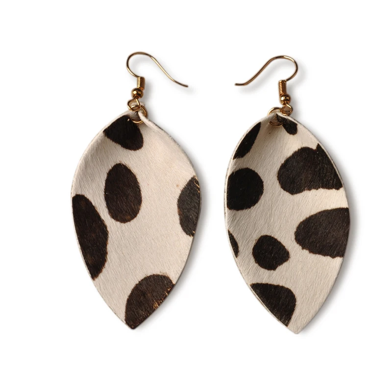 100% натуральная кожа длинные серьги в форме слезы конский мех узор листья для