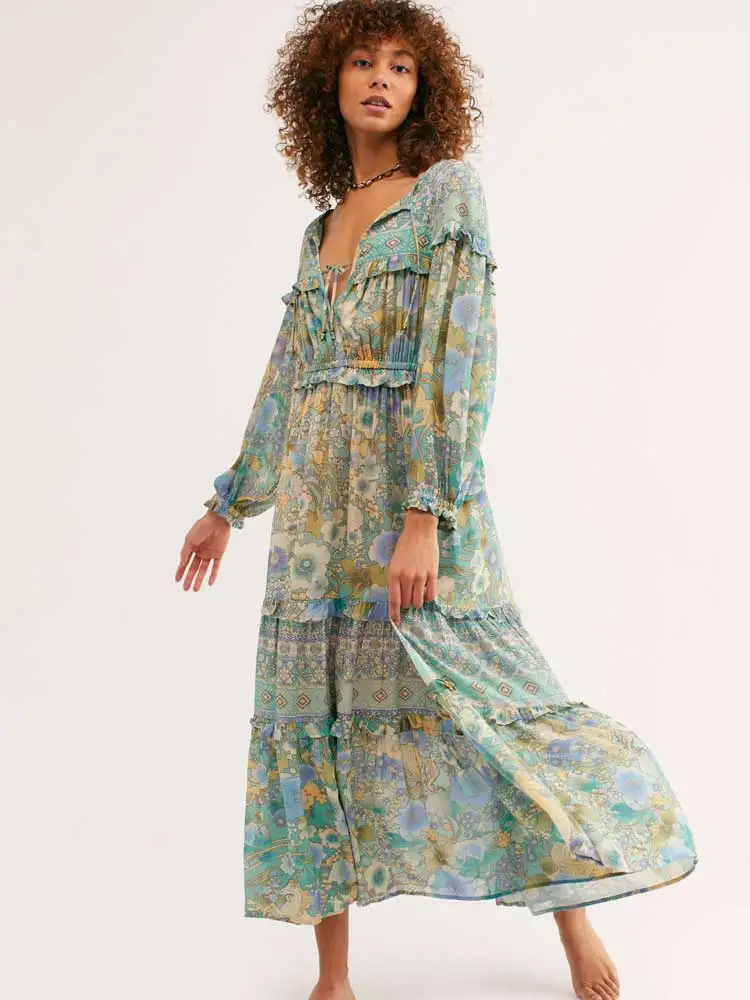 BOHO женское бирюзовое аметистовое летнее платье с v-образным вырезом и эластичной талией, цыганское длинное платье, праздничное шикарное женское вечернее платье