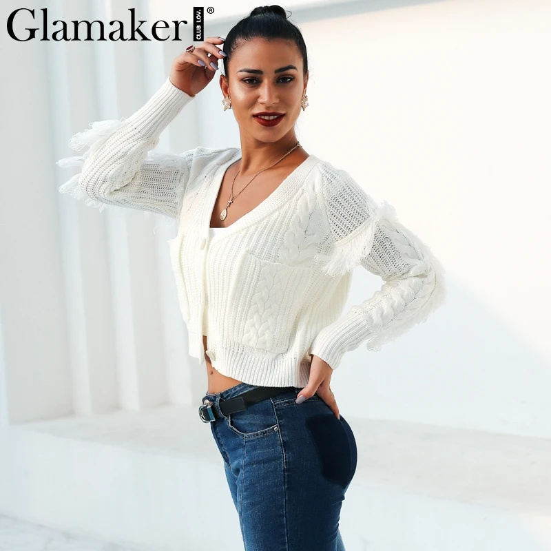 Женский белый свитер Glamaker вязаный с кисточками и треугольным вырезом длинным