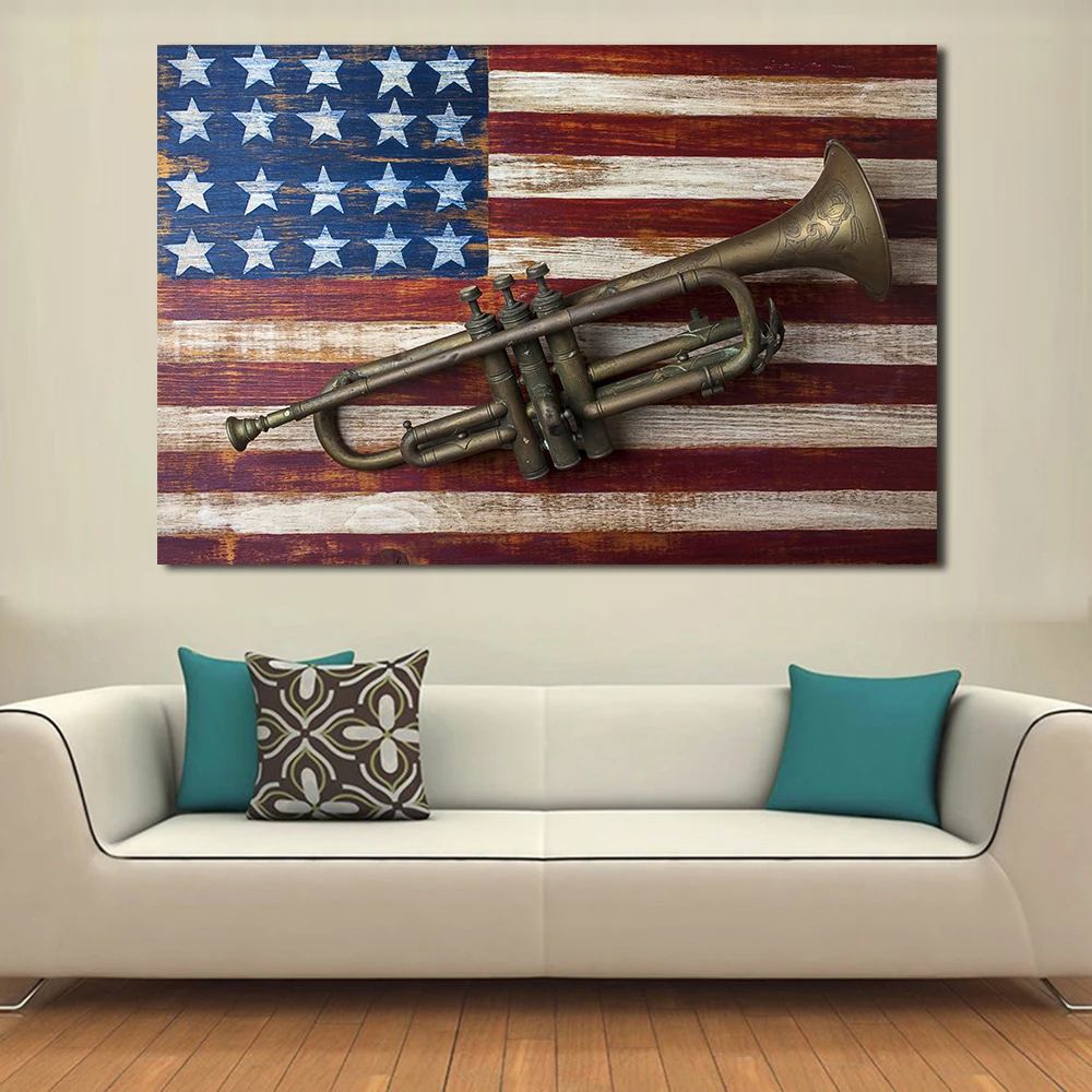 JQHYART Canvas Wall Art Old Trumpet On American Flag Photograph Painting Pictures For Living Room Home Decor No Frame | Дом и сад