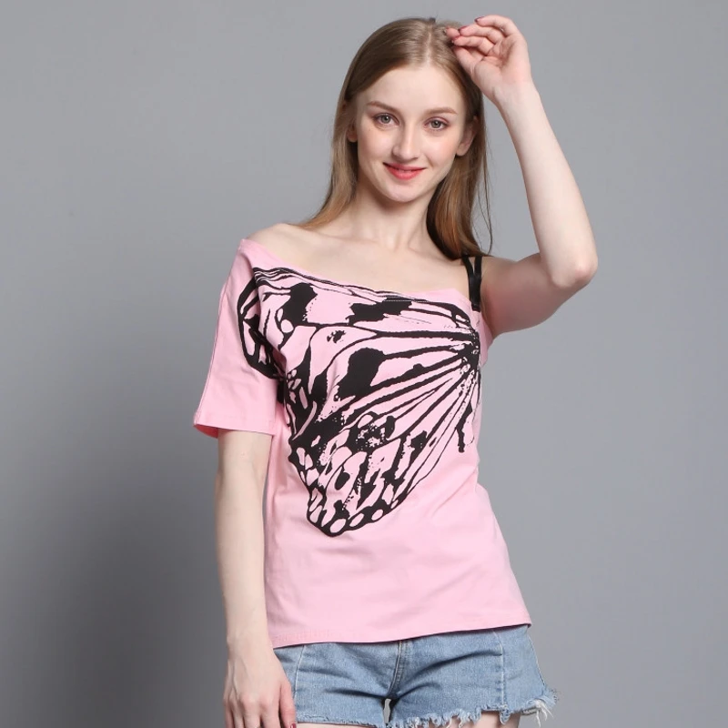 2019 Fashion Summer Cotton Top Shirts Women Short Sleeve T Skew Collar Butterfly Print Tshirt Ladies Tees Tops Clothes | Женская одежда