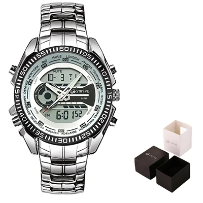 white with box Stryve S8016 мужские спортивные часы двойной дисплей светодиодный Аналоговый Chrono военный тяжелый циферблат водонепроницаемый Нержавеющая сталь кварцевые цифровые часы Reloj - Цвет: white with box