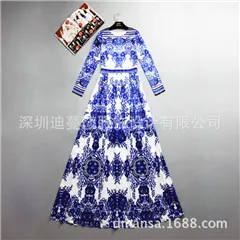 Photo color S-4Xl высокого качества лето и осень Модный классический синий и белый фарфор с длинными рукавами и принтом Тонкое Платье - Цвет: Photo color