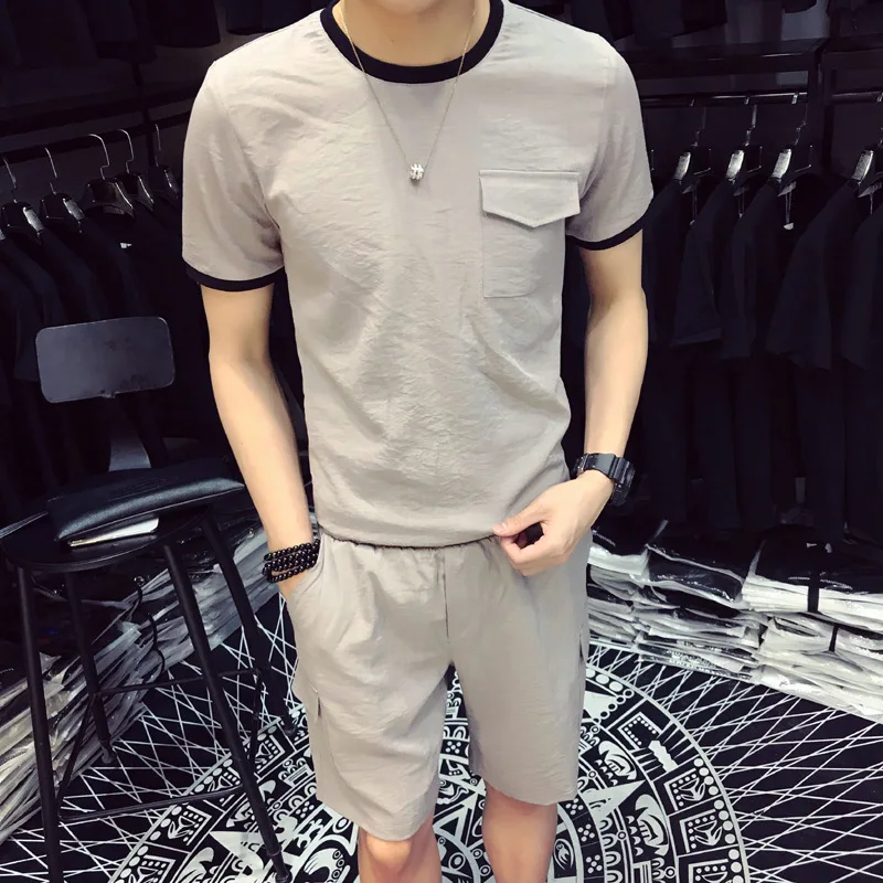 

Summer Men's Short Sleeve T-Shirt Casual Set Sportswear Solid Color Striped Pocket Youth