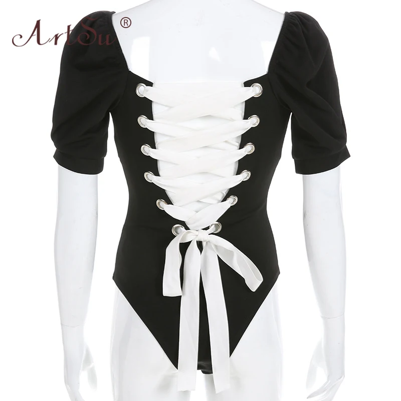 Женское боди с открытой спиной ArtSu голубое квадратным вырезом на шнуровке в стиле