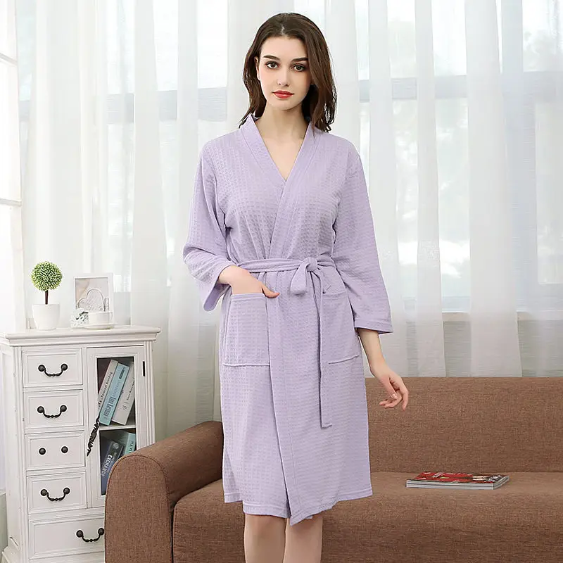Light Purple Women Для мужчин и женщин, летнее кимоно, банный халат, сосут воду, мужской халат, сексуальный трикотажный вафельный спа Халат, мужской Одноцветный Халат - Цвет: Light Purple Women