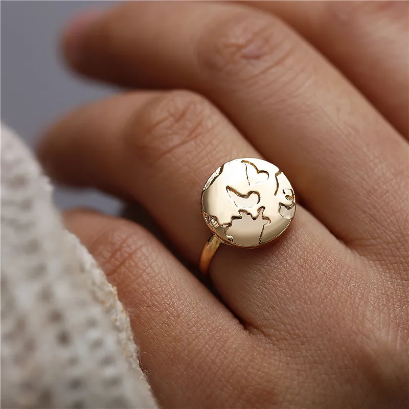 Boho золотое с гравировкой карта мира Земли регулируемое кольцо Bague винтажное для
