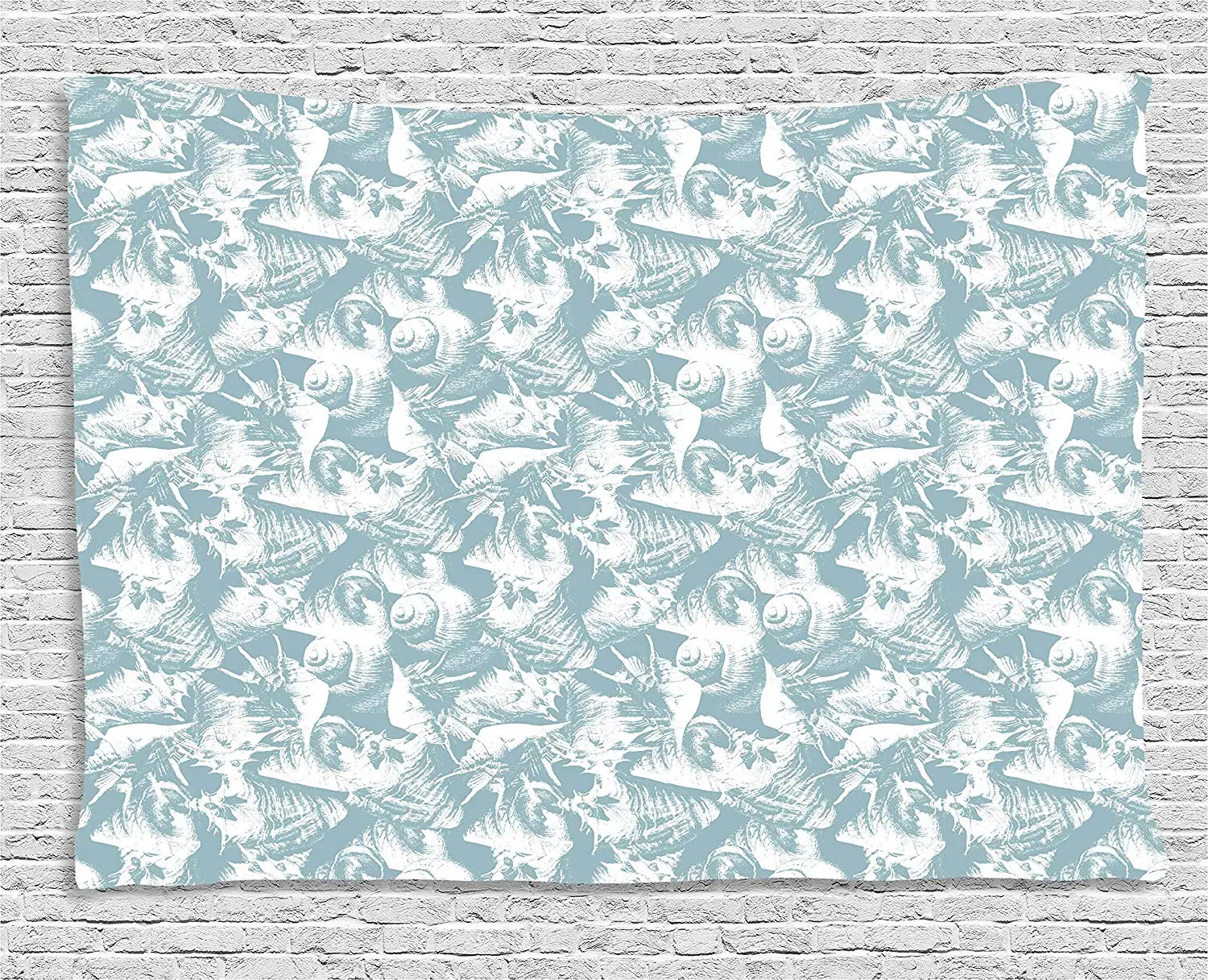 Ocean Tapestry Vintage Pattern Different Seashells Collection Underwater Life Hand Drawn Print Bedroom Living Room Slate Blue | Дом и сад