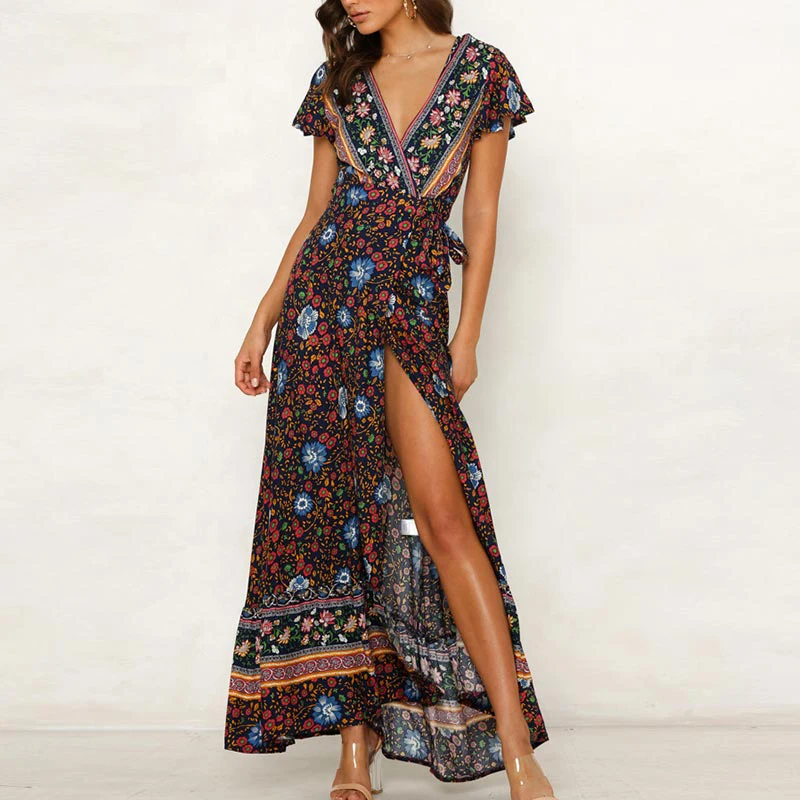 ELSVIOS сексуальное летнее макси платье с v образным вырезом женское пляжное